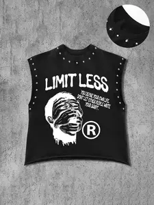 Men's Casual Vest, Background with Handwritten Slogan, Abstract Eye-Covering Portrait Print, Comfortable Fabric, Street Style, Athletic Tank Top