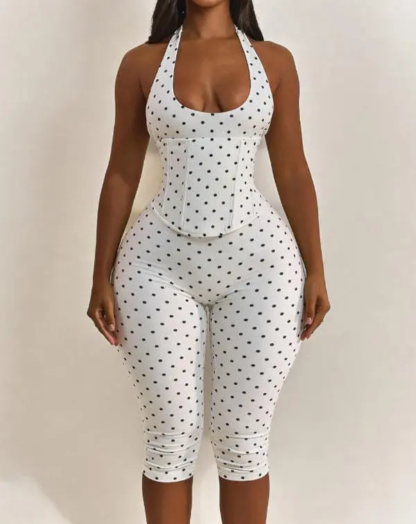Women’s Seamless Polka Dot Shapewear Halter Bodysuit 2-Piece Set, Tummy Control & Butt Lift Waist Trainer