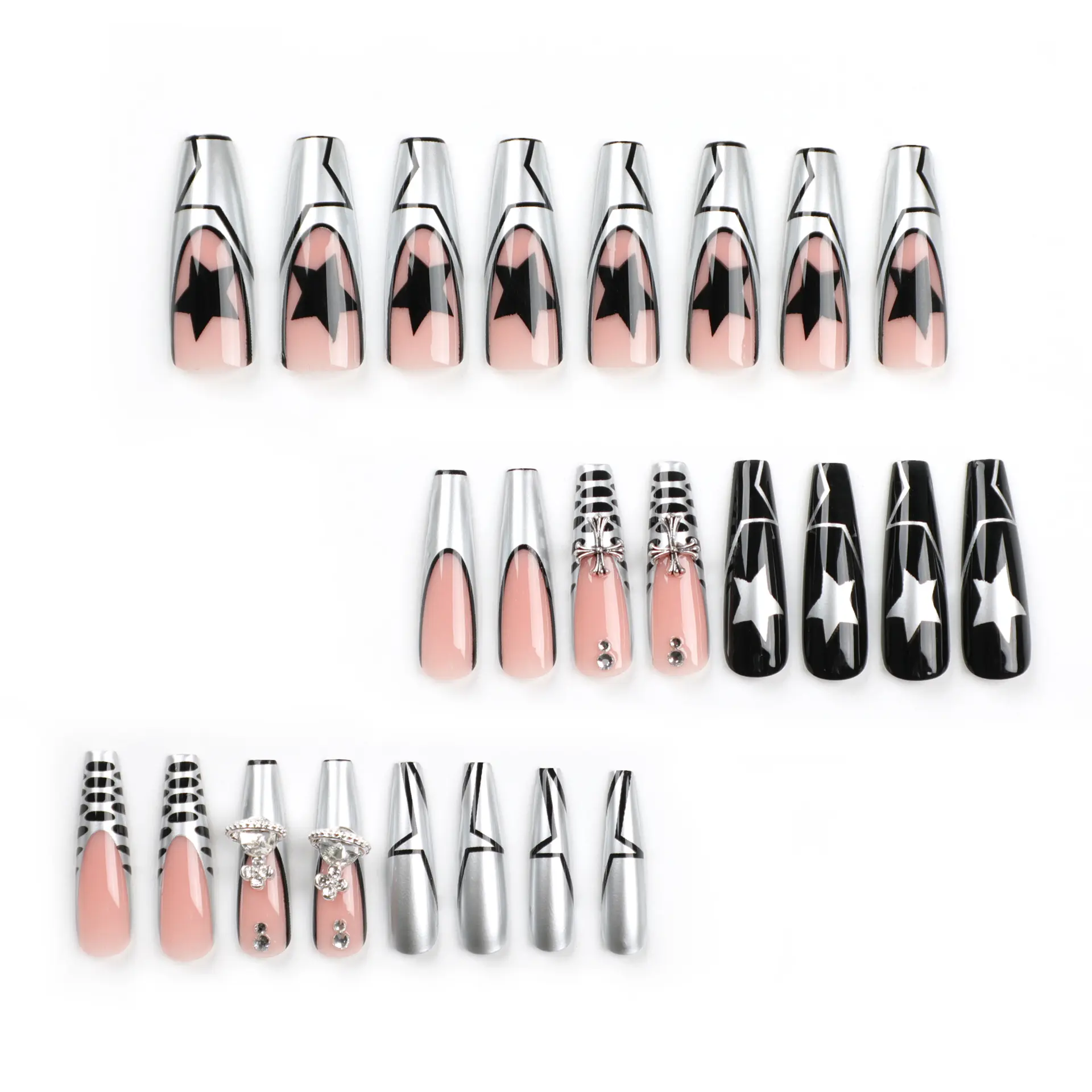 Gothic Ballet Charm Metallic Gothic Press-On Nails - Long Coffin Black & Silver with 3D Cross Charms & Star Accents, Includes 24 Nails & Glue