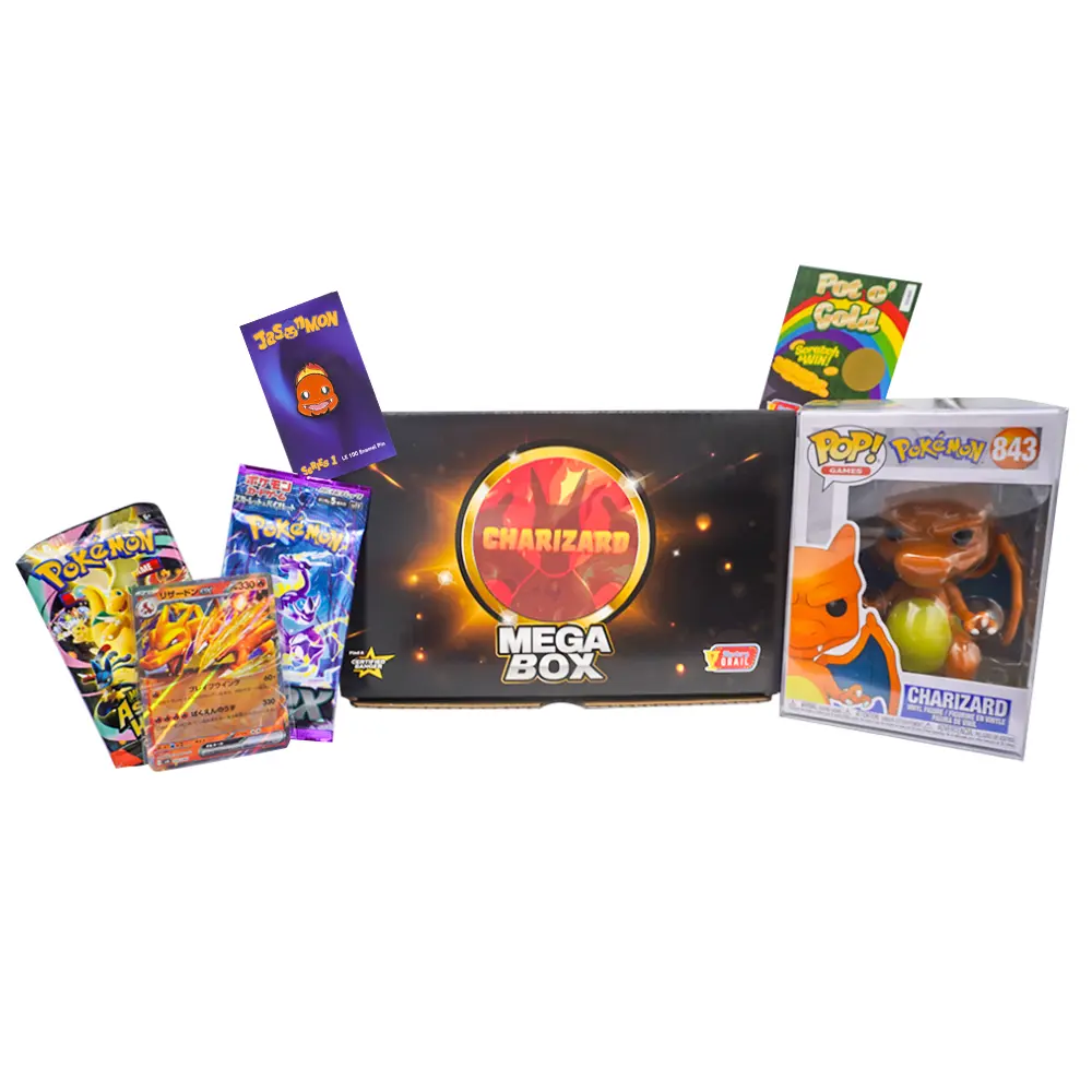 Mystery Grail Charizard Mega Box - New Funko Pop Vinyl Figure, Sealed Booster Packs, Charizard Trading Card, 1 Limited Edition Enamel Pin, 1 Prize Shop Scratch Card, Bonus Collectibles, Trading Cards