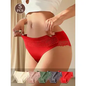 QUASTI 5PCS Women's Mid Waist Lace Panties, Smooth Multi Colored Soft Underwear, Skin-friendly Seamless Lace Patchwork Sexy Hip Lifting Breathable Fresh Briefs, Daily Wear S-XXL