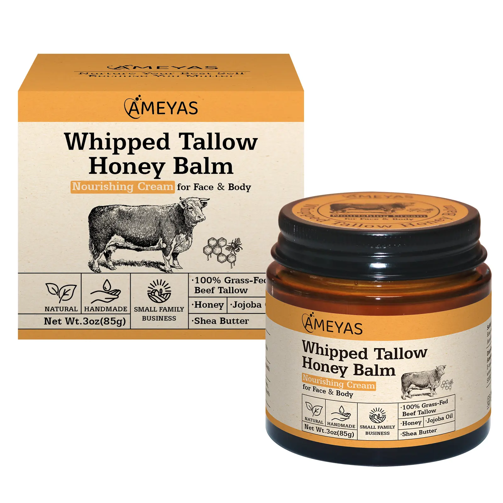 Whipped Tallow Honey Balm Face Body Moisturizing Deep Moisture Cream, Extra Moisturizing Care Self Care Product with Organic Grass-Fed Beef Tallow, Shea, Jojoba for Face & Body (3oz), Self Care Products