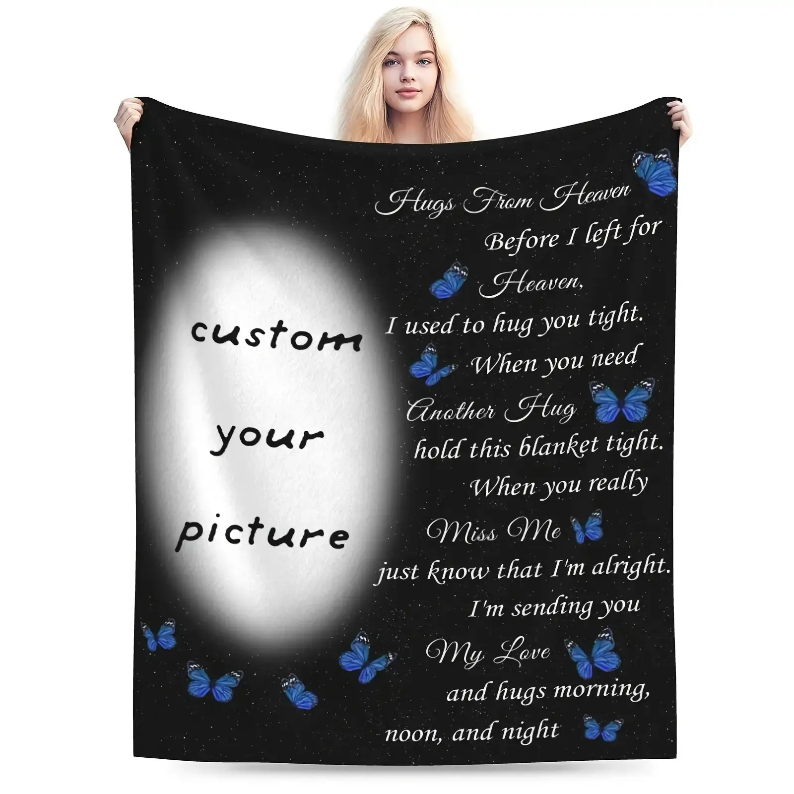 Customized Crochet 'Hug from Heaven' Photo Commemorative Blanket - Cozy Aesthetic, Warm Aesthetic, Durable Breathable Soft Flannel, Personalized Message, Vintage Style, 50x60in, 60x80in, Ideal for Grandparents, Animals, All-Season Textile Throw, Family Gi