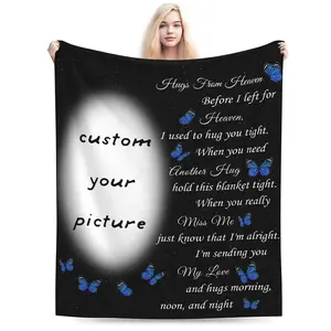 1 Custom Photo Commemorative Blanket - 'Hug from Heaven' Personalized Message, Soft Flannel Comfortable, Perfect for Family, Grandparents, Mom, Dad, Siblings - Vintage Style, Suitable for All Seasons, 60x 80inch Personalized Blanket