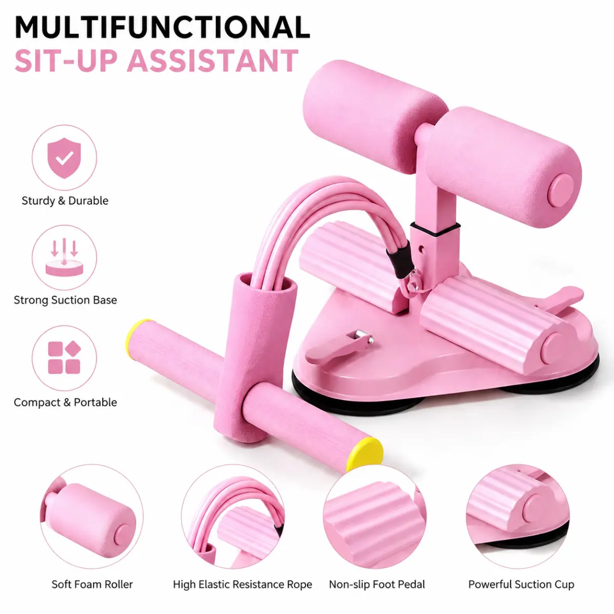 Pink Sit-Up Helper - Dual Suction Cups, 3-Level Adjustable Height Home Core Trainer with Resistance Tubes & Handles, Portable Abdominal Exercise Equipment for Flat Surfaces