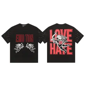 MIXED EMOTION Unisex Oversized Pure Cotton Graphic Sport T-Shirt - American Streetwear Batwing Sleeves, Austrian Hot Rhinestones, Digital Bubble Beads, Diamond Pattern, Vintage Washed Y2K Hip Hop Style - 2026 Summer Coachella Festival Casual Top