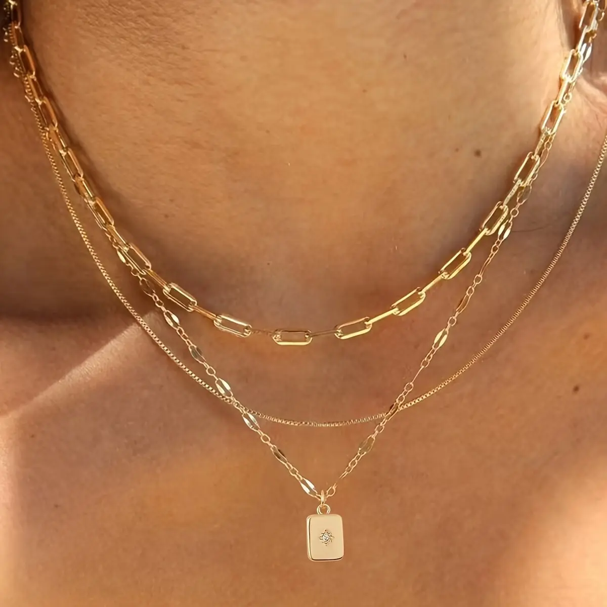 3pcs Layered Gold Plated Necklace Set for Women, Paperclip Chain with Moon Star & Square CZ Pendant, Dainty Stackable Choker Necklaces for Everyday Wear, Casual & Party Styling