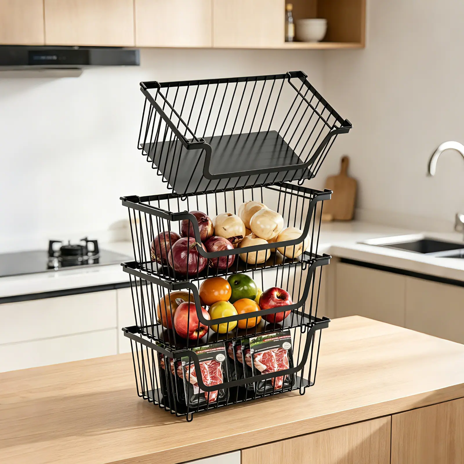 San Dream 4 Pack Stackable Wire Baskets Storage Baskets for Kitchen Pantry Organizers Metal Storage Bins Produce Potato Onion Storage Bin Vegetable Fruit Basket