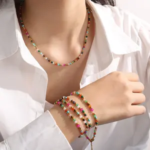 Women's Bohemian Colorful Jewelry Sets - Natural Stone Beaded Necklace, 18K Gold-Plated Spacer Bracelet, Stackable Boho Accessories with Heart Locket