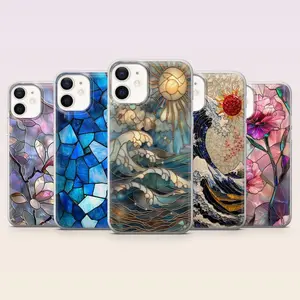 Aesthetic Stained Glass Mosaic Phone Case for iPhone 17 16 15 14 13 Pro Max Plus, Ocean Wave Floral Art Protective Cover, Unique Glass Window Design Gift