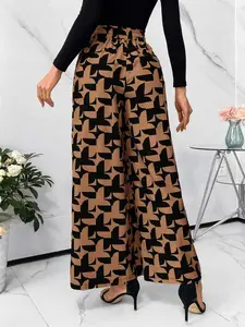 Women's Color Block Print Wide Leg Bottom Pants, Faux Drawstring Casual Long Pants, Stylish and Comfortable, Perfect for Daily Wear