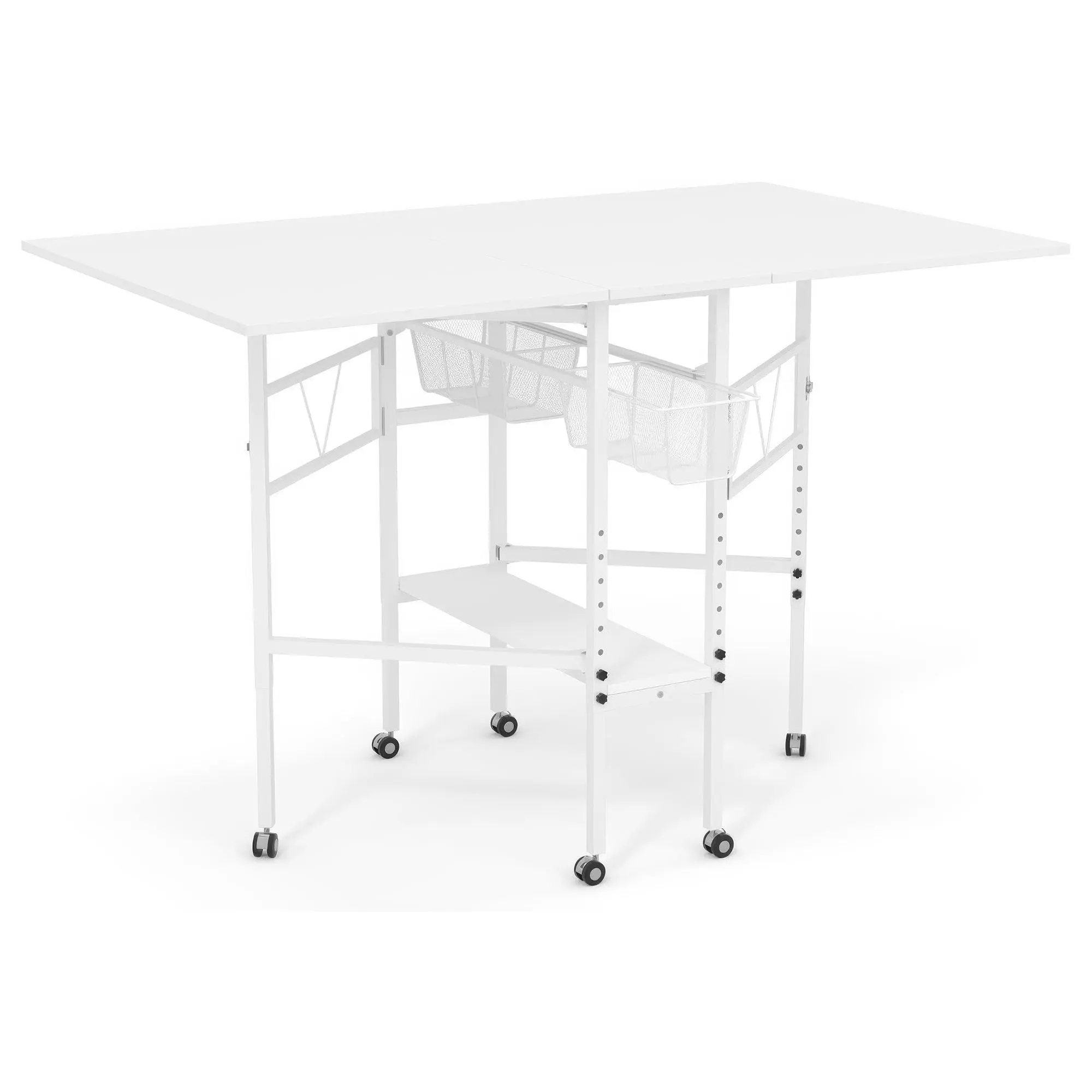Sew Ready Folding Sewing Craft Table with Storage Drawers and Wheels, White