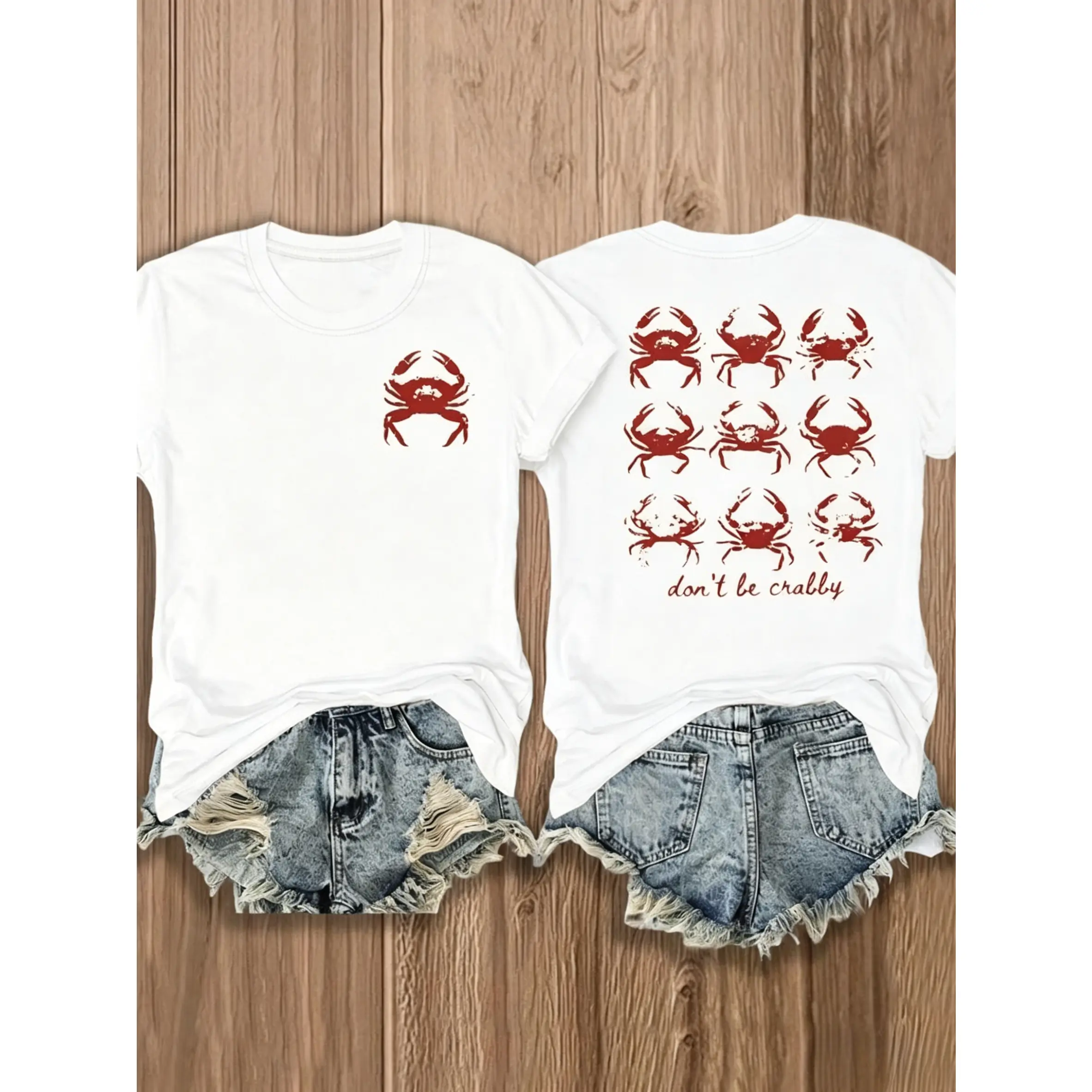 Women's Double-Sided Crab Print Short-Sleeve T-Shirt - Vibrant Ocean Theme, "I Will Turn Into A Crab" Text, Casual Round Neck Breathable Lightweight Fabric Neck Top, Shortsleeve, Cotton, Graphic, Printed, Thanksgiving, Crew Neck