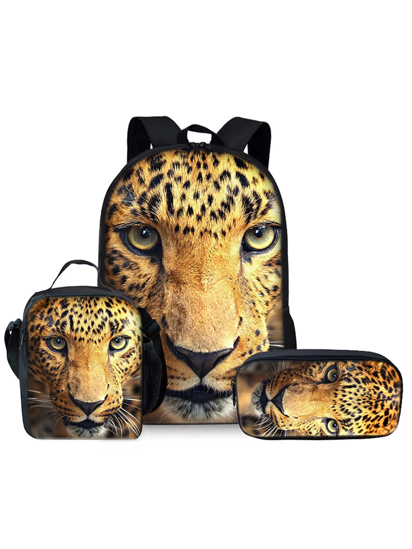 Cheetah pattern printed 17-inch backpack three-piece set (single-layer backpack + shoulder strap lunch bag + single-layer pencil bag)