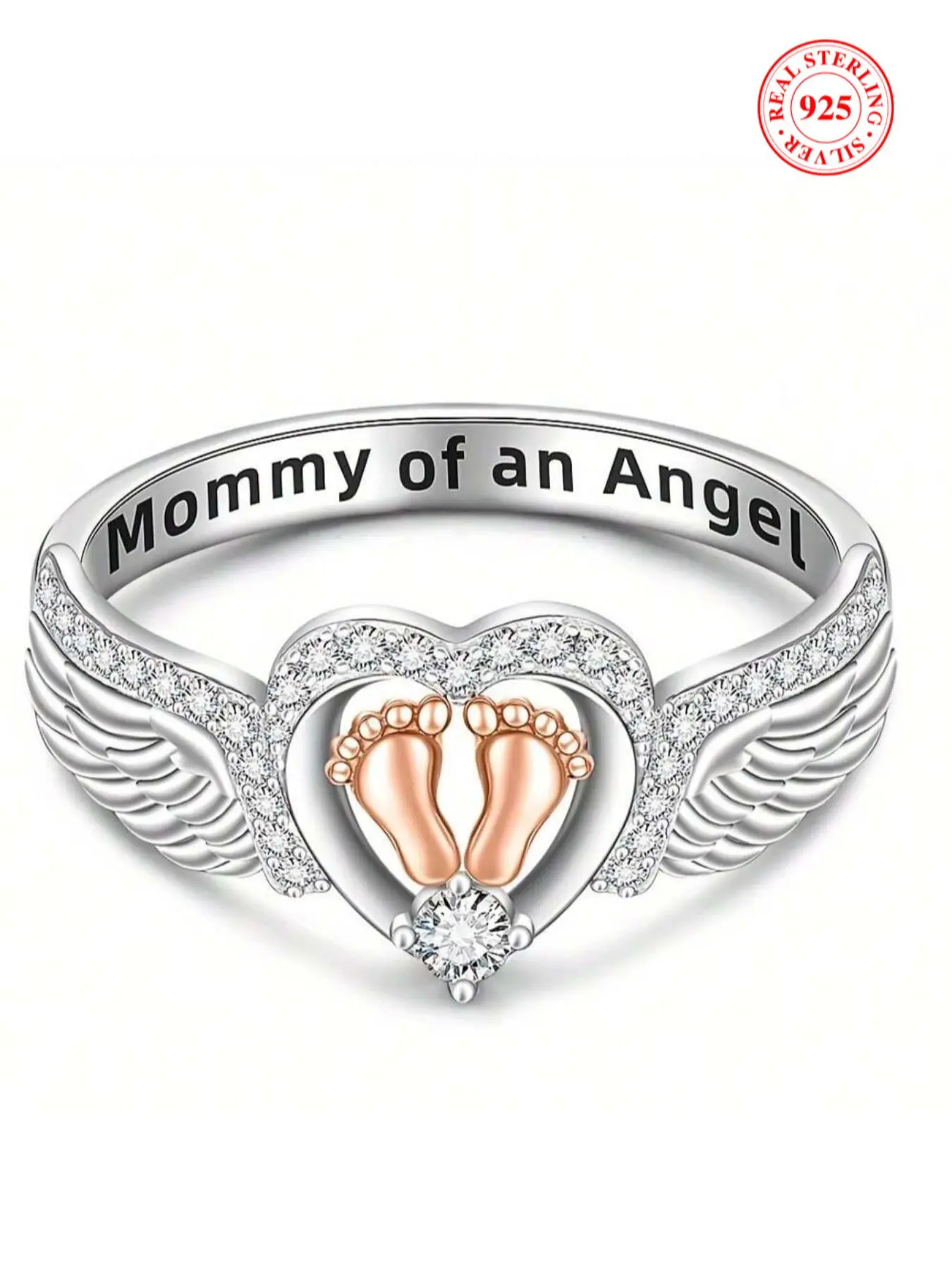 925 Sterling Silver Angel Wing Design Ring, Real Rings, Heart & Footprint Decorative Ring for Women, Fashion Jewelry Accessories for Daily Wear, Jewelry for Birthday Gift, Engraved Ring