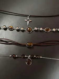 4-Piece Set Fashion Vintage Leather Brown Stone Pendant Necklace Set, Stackable Short Necklace, Elegant Clavicle Chain, Women's Four-Season Versatile Neckpiece, Colorblock, Minimalist Necklaces, Layered Necklaces