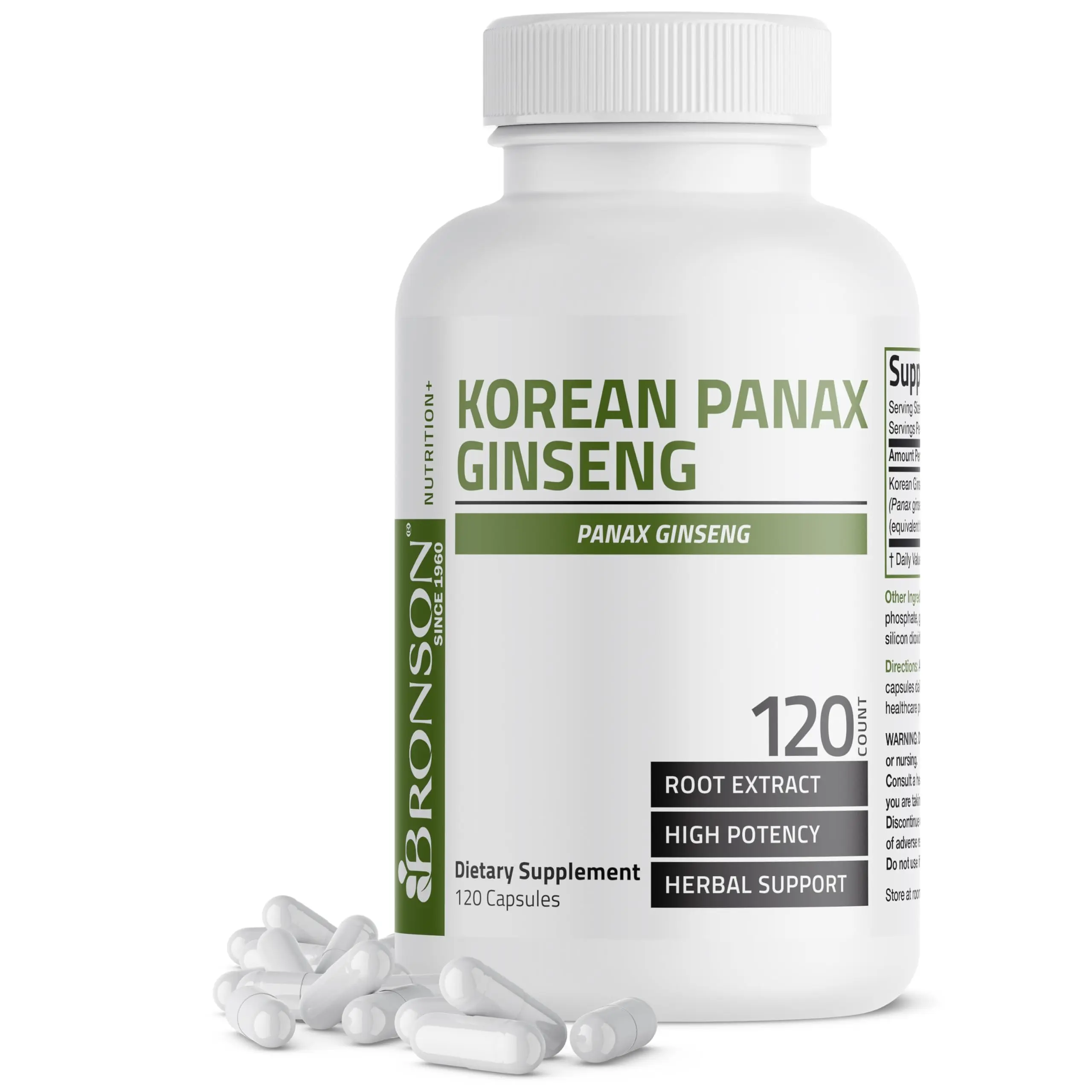 Bronson Korean Panax Ginseng Capsules for Adults - Supports Energy, Endurance, Vitality, Memory, Mental Performance, Digestion, Gut Support & Body Health, Prop 65 Safe, 120 Count, Supports Digestion