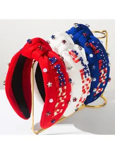 New trendy and creative independent day headband for women, hand sewn with letters, rice beads and diamonds, holiday hair accessories