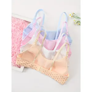 Youth Training Bras 4-Pack - Polyester Blend, Spaghetti Strap, Slight Stretch Fabric, Heart Pattern with Bow Detail, Non-Removable Padding, Regular Fit, Knit - for Ages 12 and Under