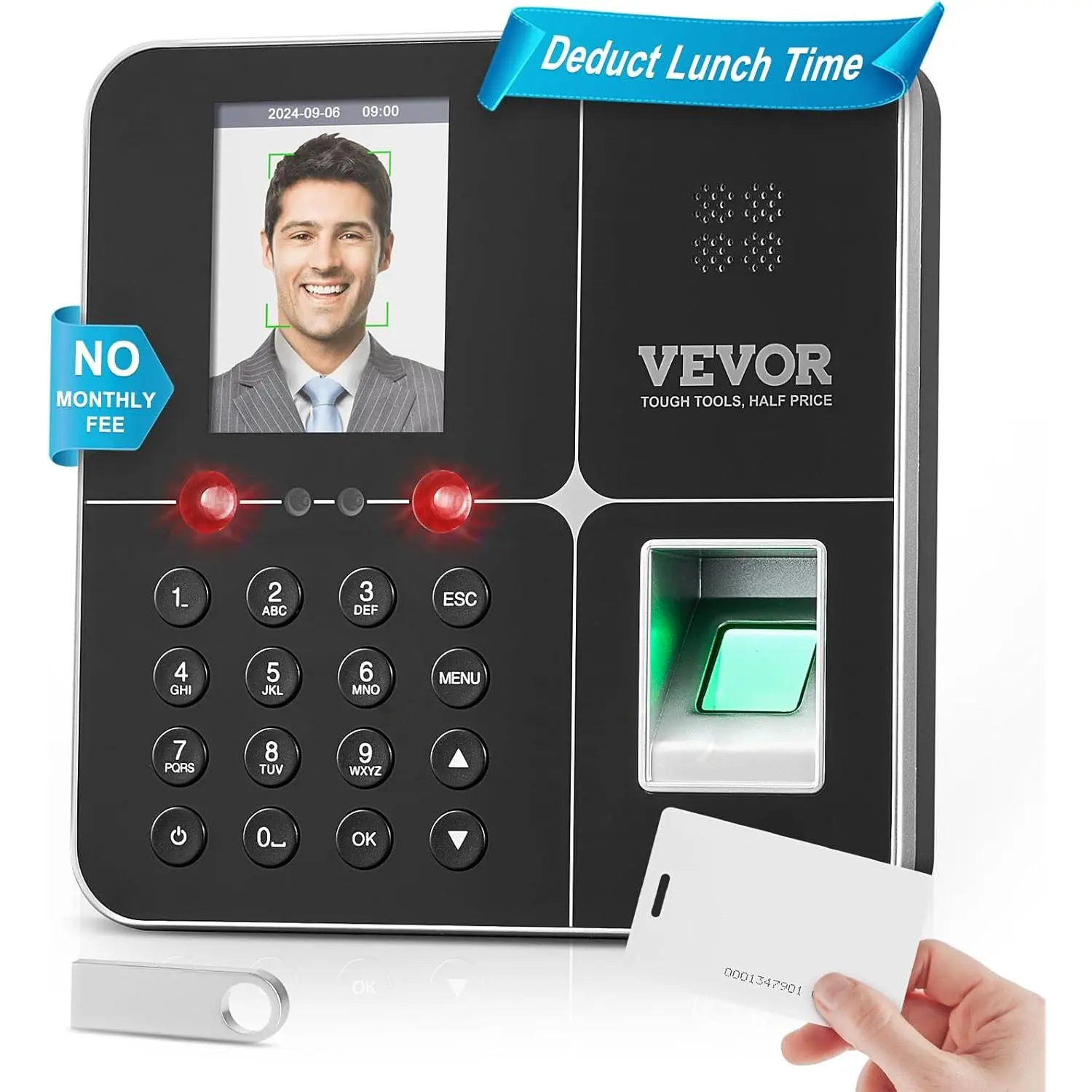 VEVOR Time Clocks for Employees Small Business with Face, Fingerprint, RFID and PIN Punching in One, Biometric Time Clock with 5 RFID Cards & USB Drive, Automatic Punch in/Out, No Monthly Fees