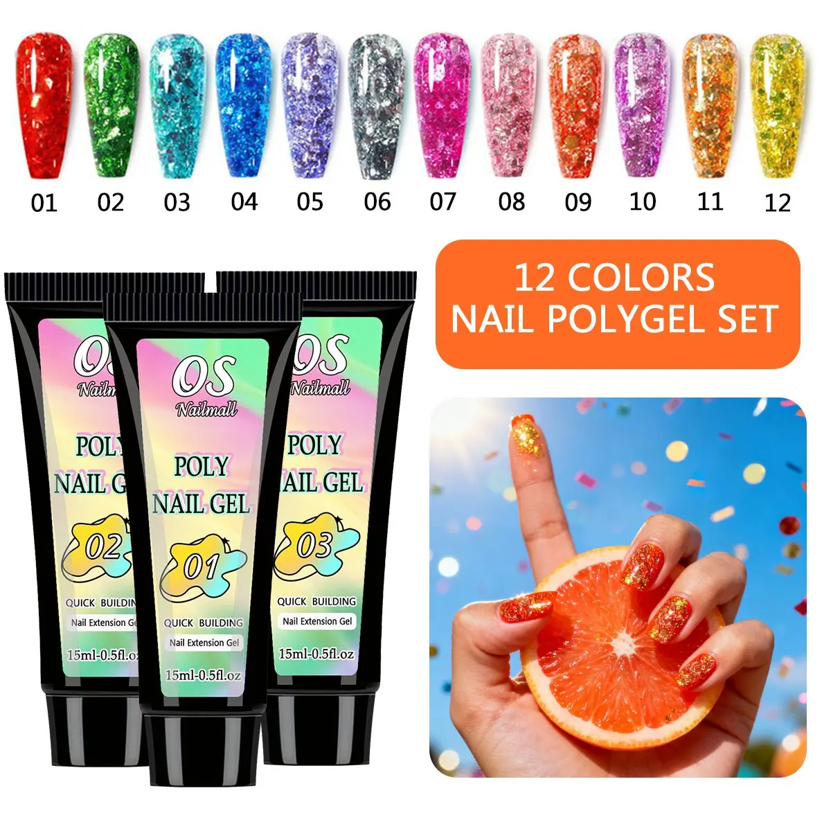 Osnailmall 12 Colors Glitter Nail Polygel Set, Builder Extension Gel, Quick LED UV Application Easy-To-Use Nail Extension Gel, Perfect for Beginners DIY Nail Art, Gel Polish Set, Nail Art Products
