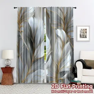 2D flat pattern, Geometric patterns, 2 panels, 2D flat printed curtains, gold and silver geometric leaf print curtains, gauze curtains, heat insulation and blackout functions, suitable for bedrooms, living rooms, balconies, offices