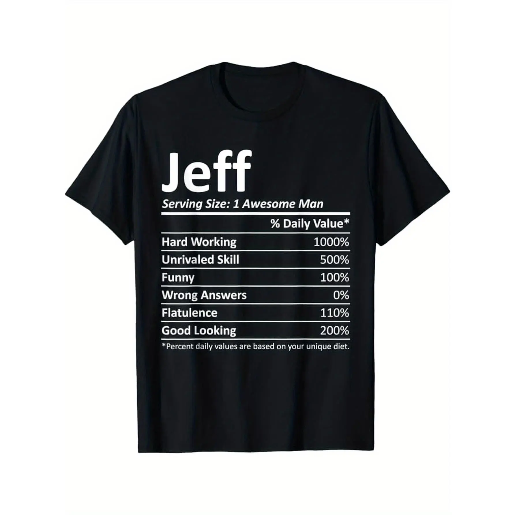 JEFF Nutrition Funny Name Short-Sleeve Menswear T-Shirt - Nutrition Facts Parody Design, Regular Fit Men's Top, Birthday Gift for Jeffs, Casual T-Shirts, Black Crewneck Soft Boyfriend Tee