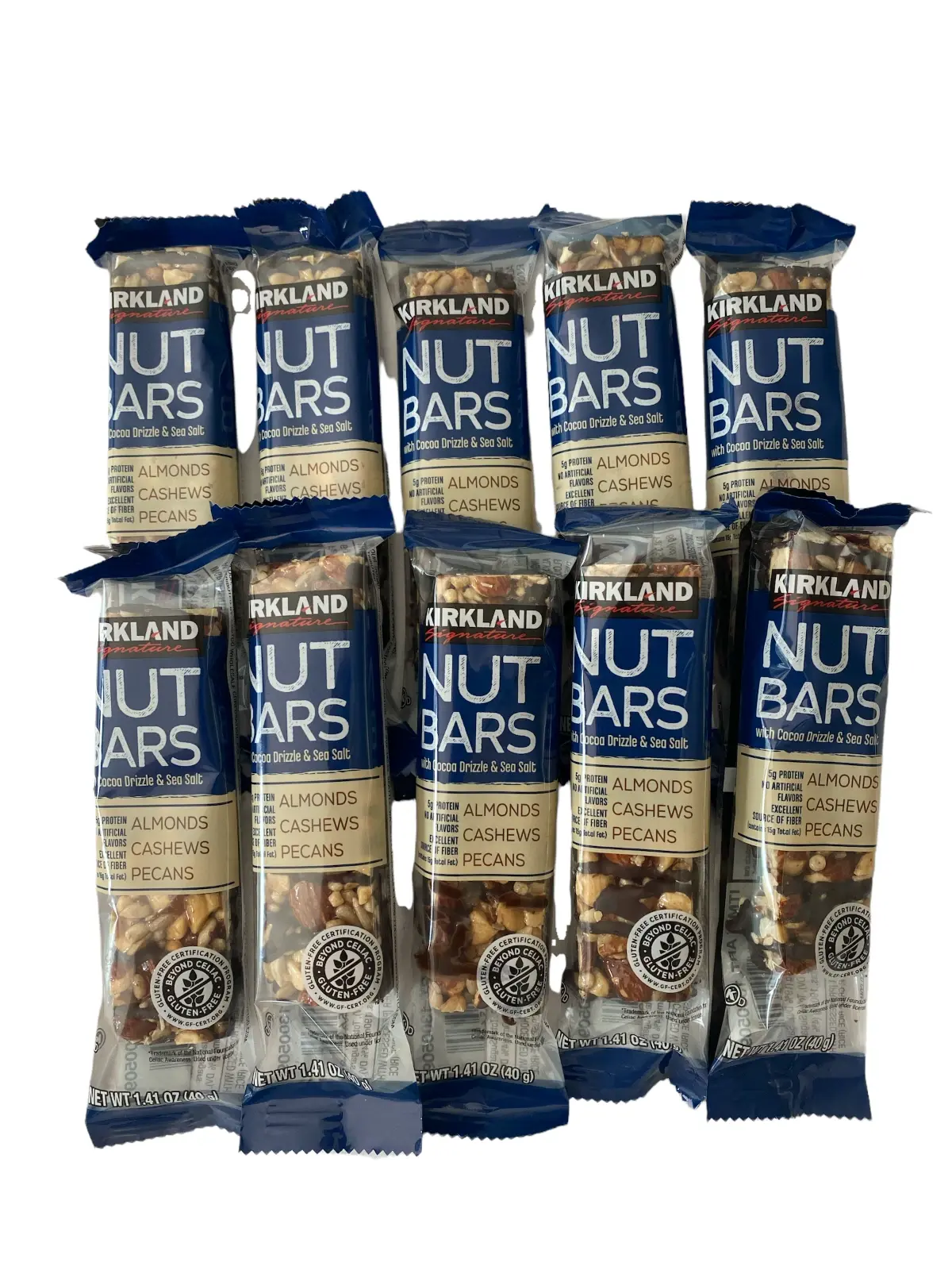 Kirkland Signature Nut Bars – Almonds, Cashews & Pecans with Cocoa Drizzle & Sea Salt, 1.41 oz, Pack of 10