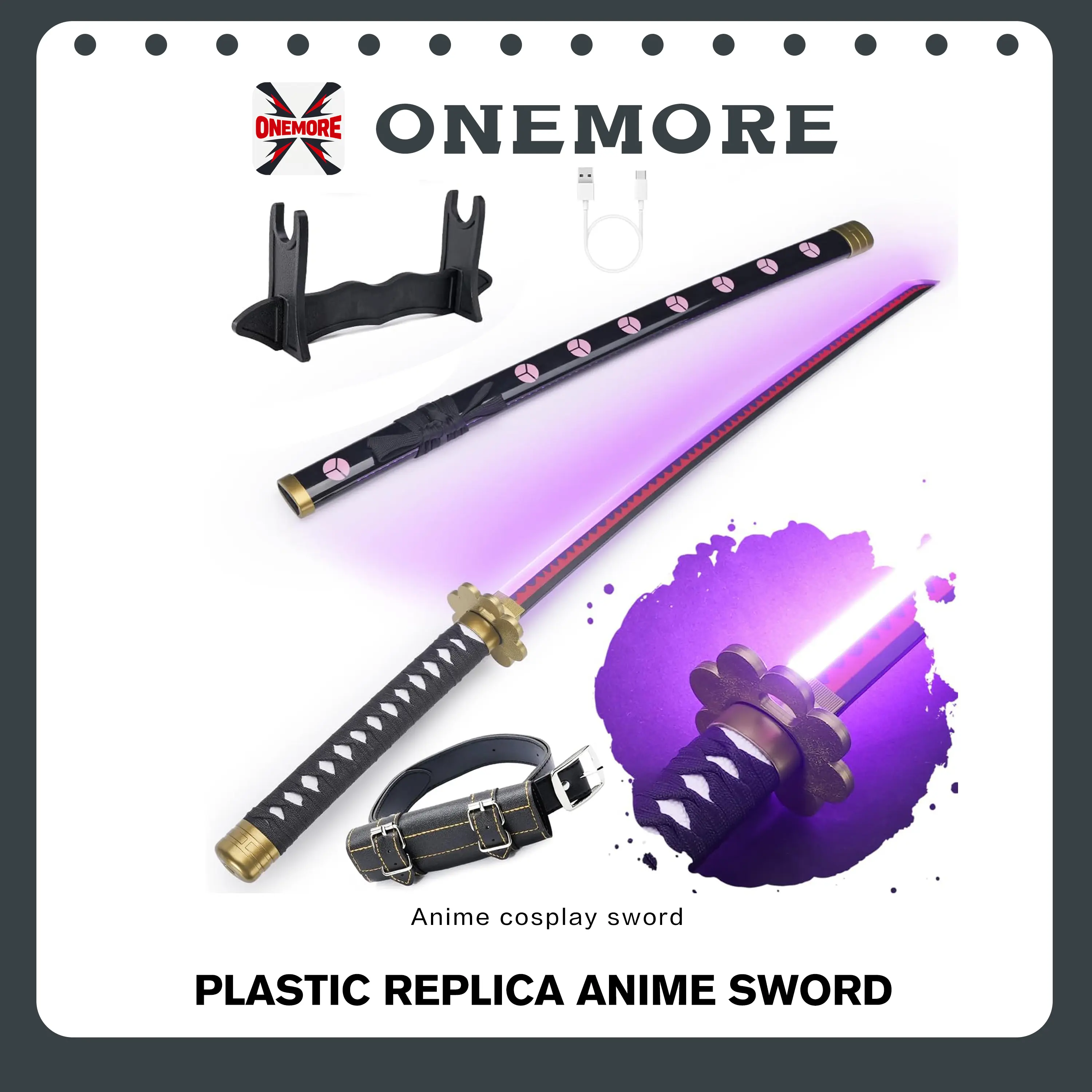 DKD Light Up Sword Shusui, 40 Inches Rechargeable Pre-Assembled Plastic Replica Anime Sword with Belt & Stand & Perfect Halloween gifts
