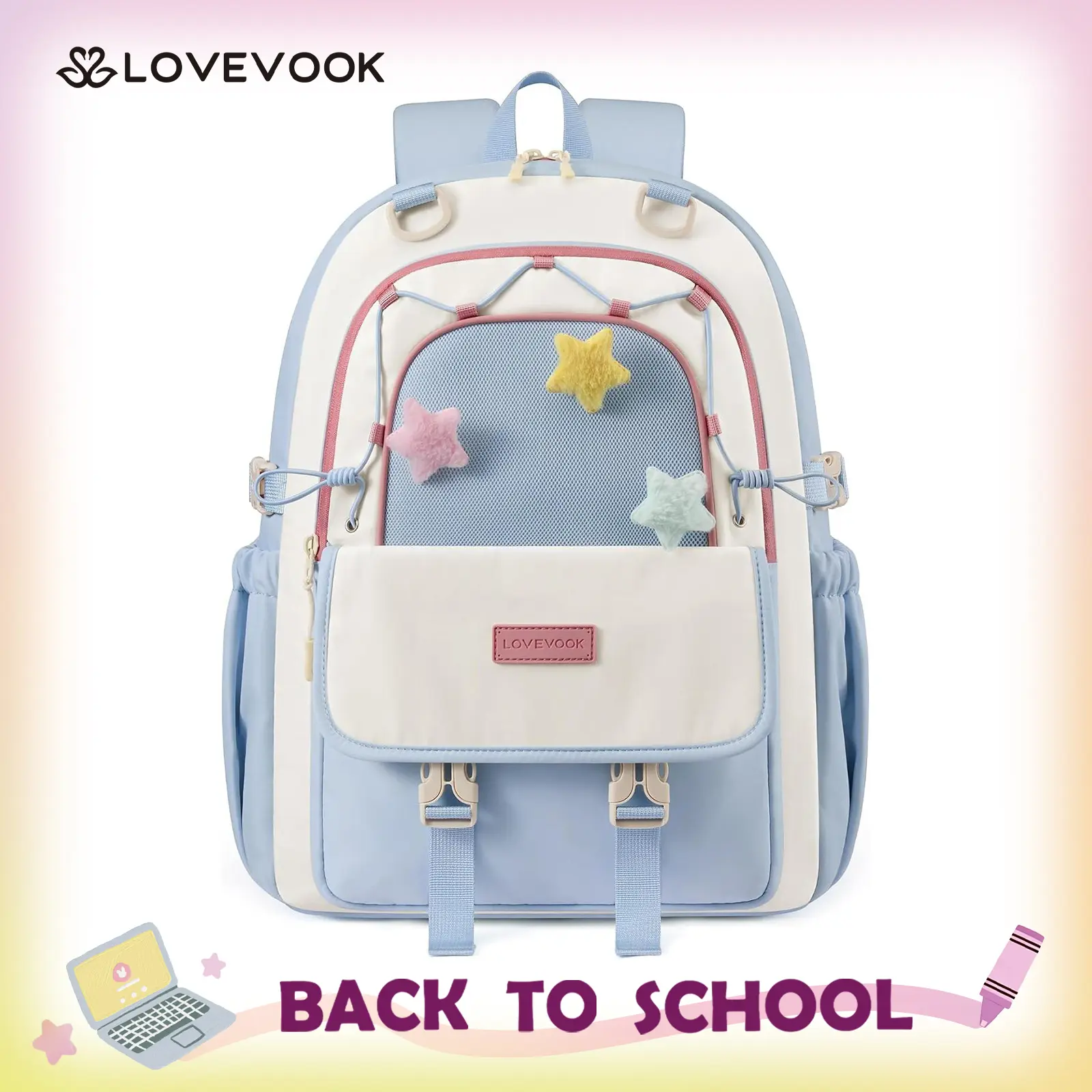 LOVEVOOK School Backpack for Teen Girls, Cute Lightweight Bookbag with Star Charm, Large Capacity Backpack Fits 15.6 Inch Laptop, Water Bottle Holder, Gift for Kids & Students