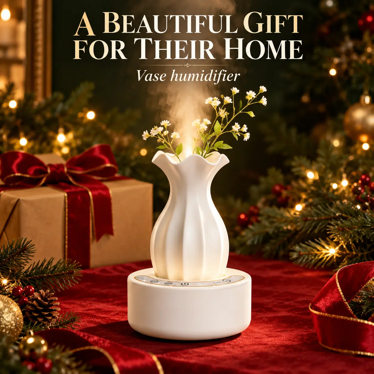 Vase Humidifier with Decorative Flowers, 7-Color Ambient Light & Ultrasonic Mist, 130ml USB-C Diffuser, Christmas Gift for Mom, Wife or Sister