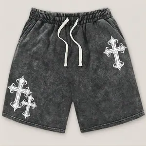 Men’s summer athletic shorts with cross pattern print, washed distressed cotton fabric; casual loose fit with drawstring waist and pockets; retro street style, 2000s vibe; suitable for running, golf, fishing, basketball, camping, gym, swimming, and beach.