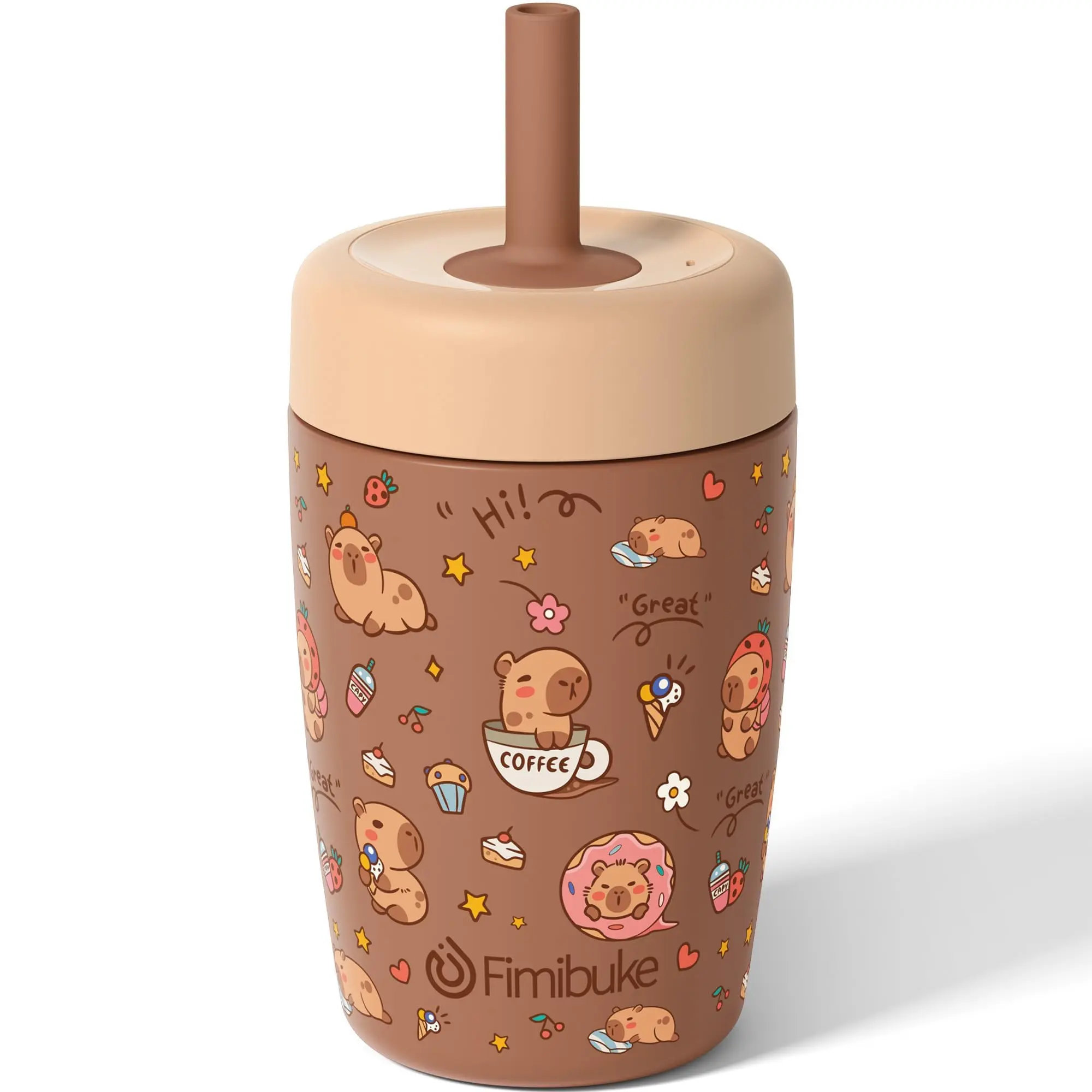 Fimibuke 12 oz Stainless Steel Insulated Cup - BAP-Free Plastic Straw Cap, Twist Lid, Soft Silicone Sip, Leak-Proof Vacuum Flask, Wide-Mouth Drinkware for Preschoolers, Daycare Use