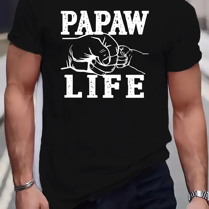 Men's Casual Menswear Classic Fit Cotton Top - "PAPAW Life" Graphic Print, Round Neck Short-Sleeve Standard Fabric Plus-Size Unisex T-Shirt