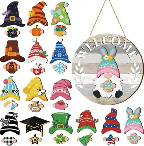 Interchangeable Gnome Sign 31/33pcs Easter Gnome Welcome Sign with 15 Magnet Detachable Hats and 15 Hands Wooden Gnome Decorations for Easter Holiday Seasonal Birthday Party Home Door Wall Office Living Room Garden