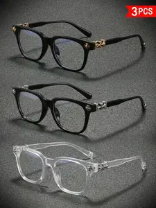 3 Pairs Fashion Square Plain Glasses, Luxurious Cross Design, Unisex, Blue Light Blocking, Lightweight Retro Eyewear