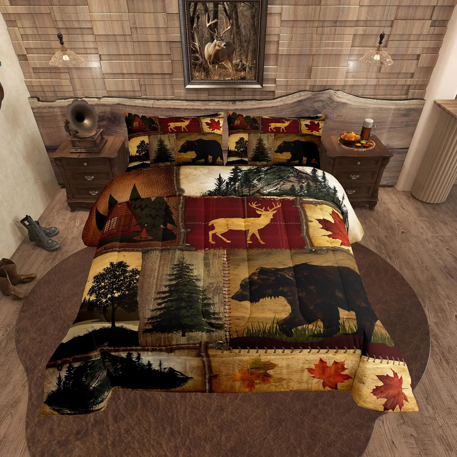 Feelyou Rustic Farmhouse Bedroom Bedding Comforter Set, Retro Cabin Lodge Decorative Bedding Set with Hunting Bear, Deer Motif & Country Maple Leaves, Duvet Insert for Twin, Full, Queen, King Sizes, Bedroom Bedding Set