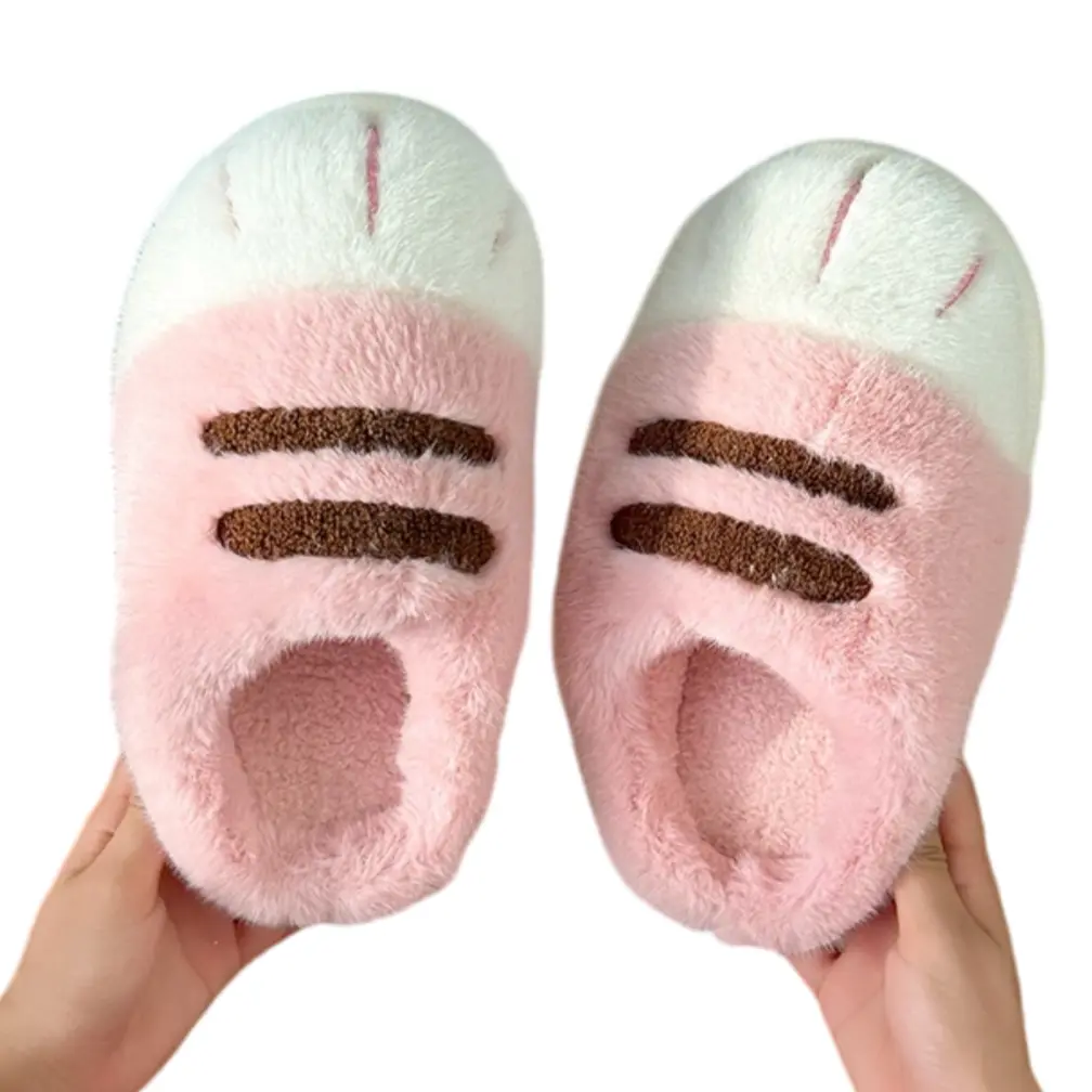 Women's Soft Plush Cat Paw Foam Slide Slippers - Round Toe, Slip-On, Low Ankle, Cozy, Warm, Thick Rubber Sole Indoor Winter House Shoes for Home Use