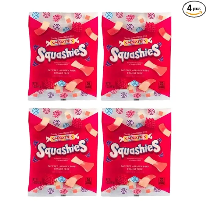 Smarties Squashies | Pack of 4 | Foam Candy | Gluten Free | Peanut Free | Perfect for Birthday & Halloween Party Favors | Raspberry & Cream Flavored | 5 oz Candy Bags