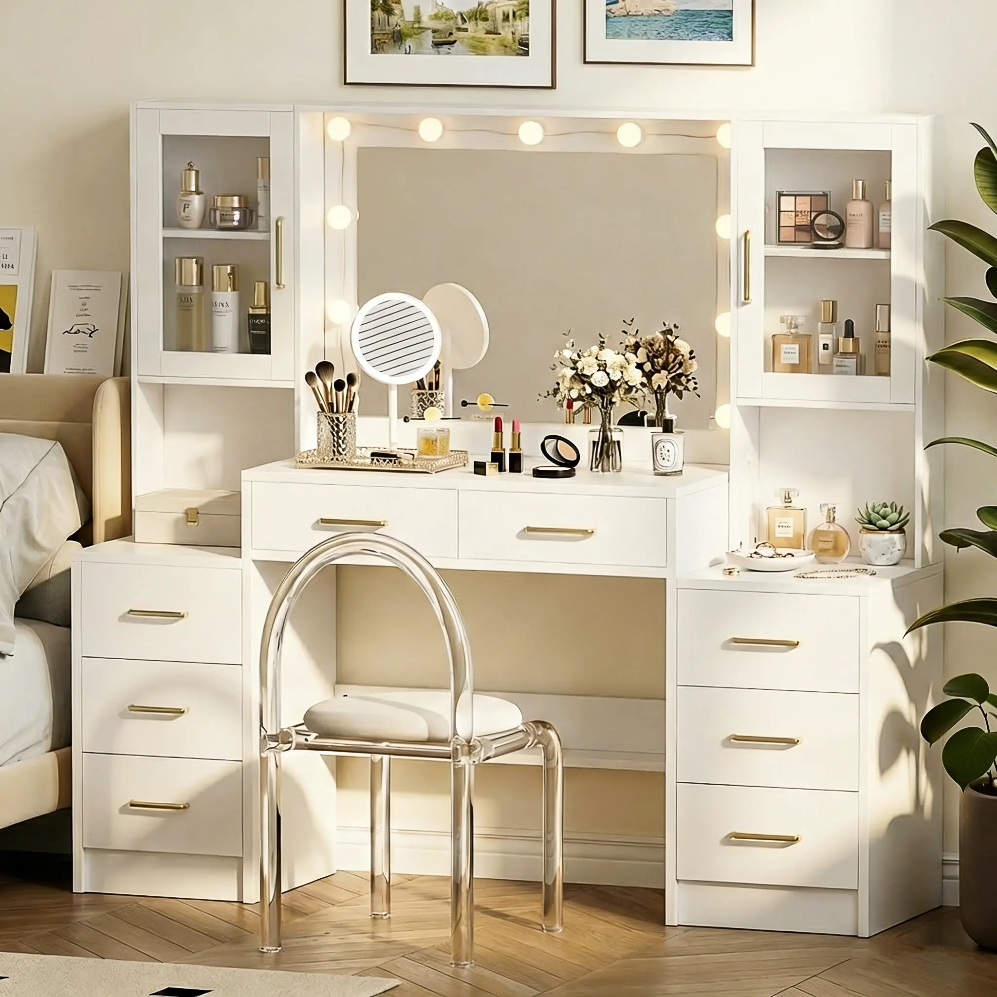 58.3”Vanity Desk with Mirror and Replaceable Lights & Charging Station,Bedroom Dressing Table,Large Vanity Set,8 Drawers and 2 Cabinets,Makeup Vanity Table with Charging Station,Without Stool,White/Black/Pink22,dorm essentials,home decor
