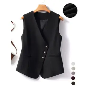 Women's Solid Asymmetrical Button Front Vest Blazer, Elegant V Neck Sleeveless Outerwear, Ladies Spring & Fall Clothes for Work Office Business（gift）Gift