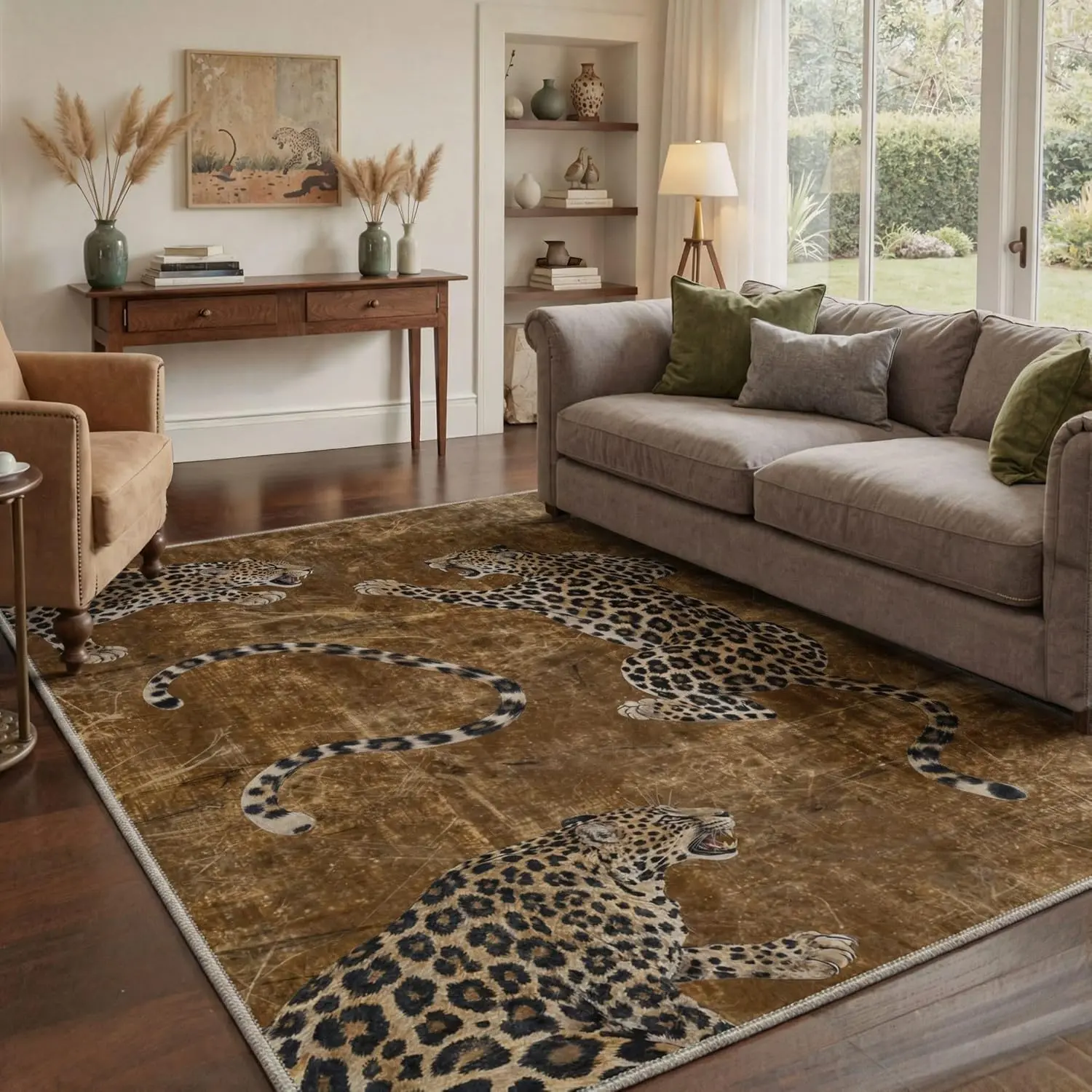 Area Rugs Machine Washable Non Slip Low Pile Print Pattern Rug for Living Room Bedroom Dining Room, Leopard Print Lightweight Indoor Rug, Golden Bronze