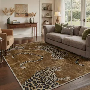 Area Rugs Machine Washable Non Slip Low Pile Print Pattern Rug for Living Room Bedroom Dining Room, Leopard Print Lightweight Indoor Rug, Golden Bronze
