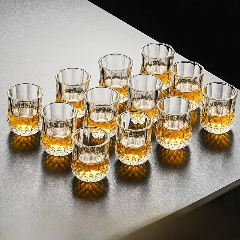 6/12Pcs - Mini Exquisite Rhinestone Carved Pattern Liquor Glasses, Transparent Shot Glasses, Shot Cup Glasses, Small Scotch Whisky, Vodka, Tequila, Espresso, Liquor Glasses, Whiskey Glasses, Drinkware, Stylish Drinkware, Set, Whiskey Glass Gift