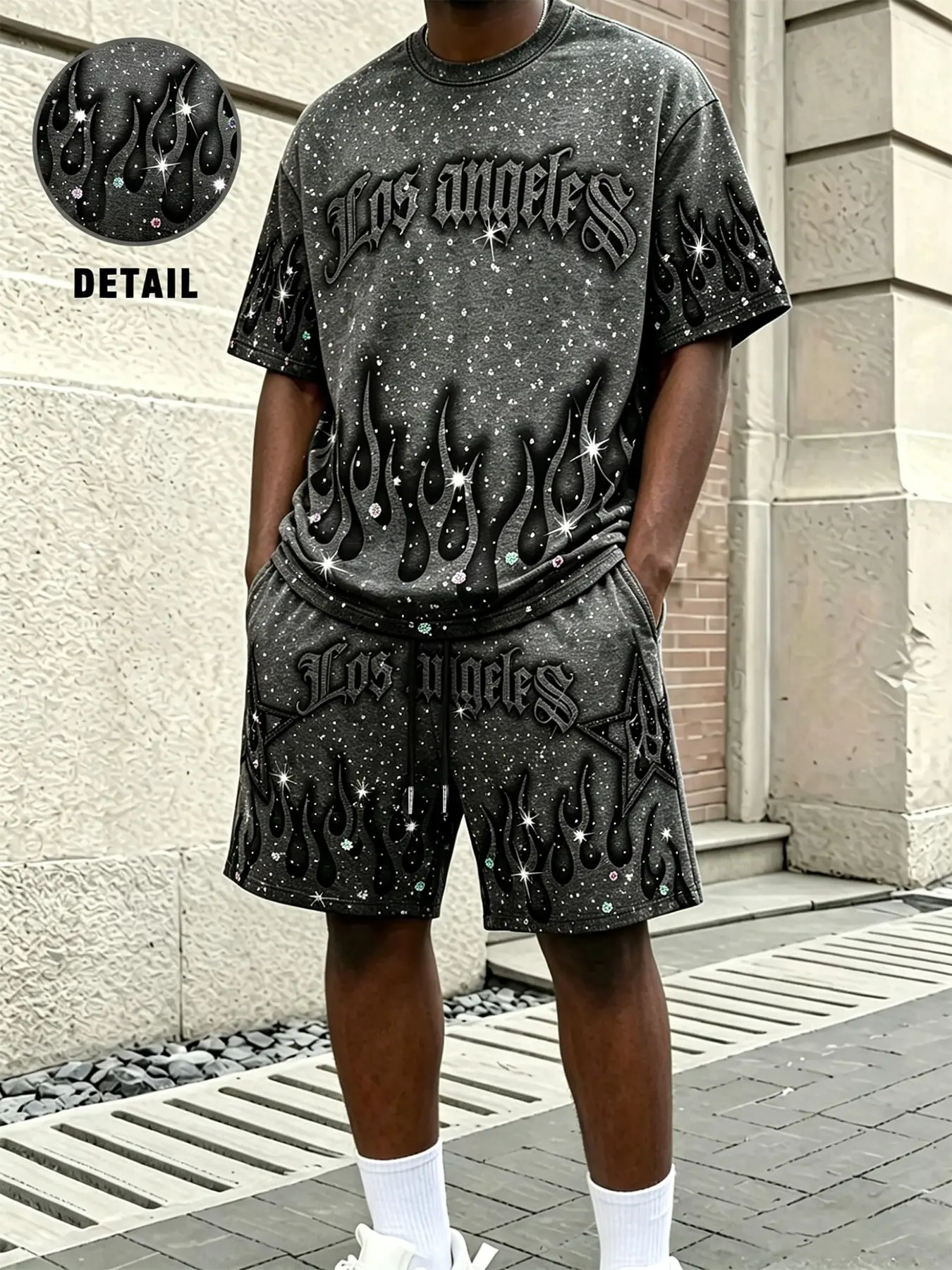 🔥 Rhinestone Flame Los Angeles Two-Piece Set | Loose T-Shirt and Shorts Set, Y2K Street Style, Shiny Sequins, Hip-Hop Summer OOTD, Loose Casual Sportswear for Men, Trendy TikTok Style, Outfit, Streetwear, Fashion