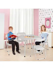 Beige - 5 Piece Foldable Table And Chair Set, Portable Upholstered Card Table And Chair, Metal Frame Folding Children Activity's Table And Chair Set For Dining Room, Playroom, Living Room