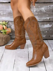 Vintage Western Boots for Women, Embroidered Mid-Calf Booties, PU Leather, Rubber Sole, Spring & Fall Fashion, Party Essential, Cowboy Booties