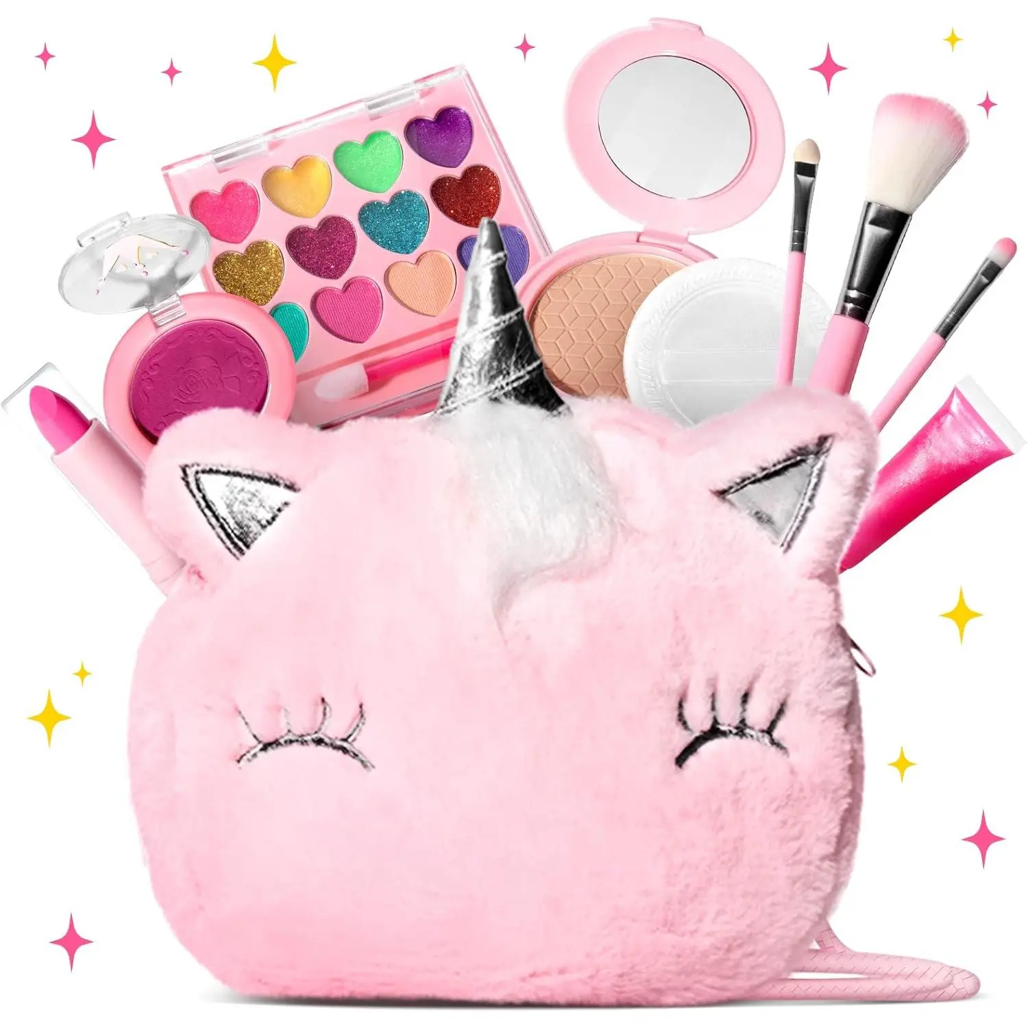 Washable BPA-Free Unicorn-Themed Real Makeup Kit for Girls Ages 5+, Includes Lipstick & Brushes, Gentle Ingredients, Children Development Toy for Creative Play, Easy to Clean Holiday-Birthday Gift, Builds Social Skills