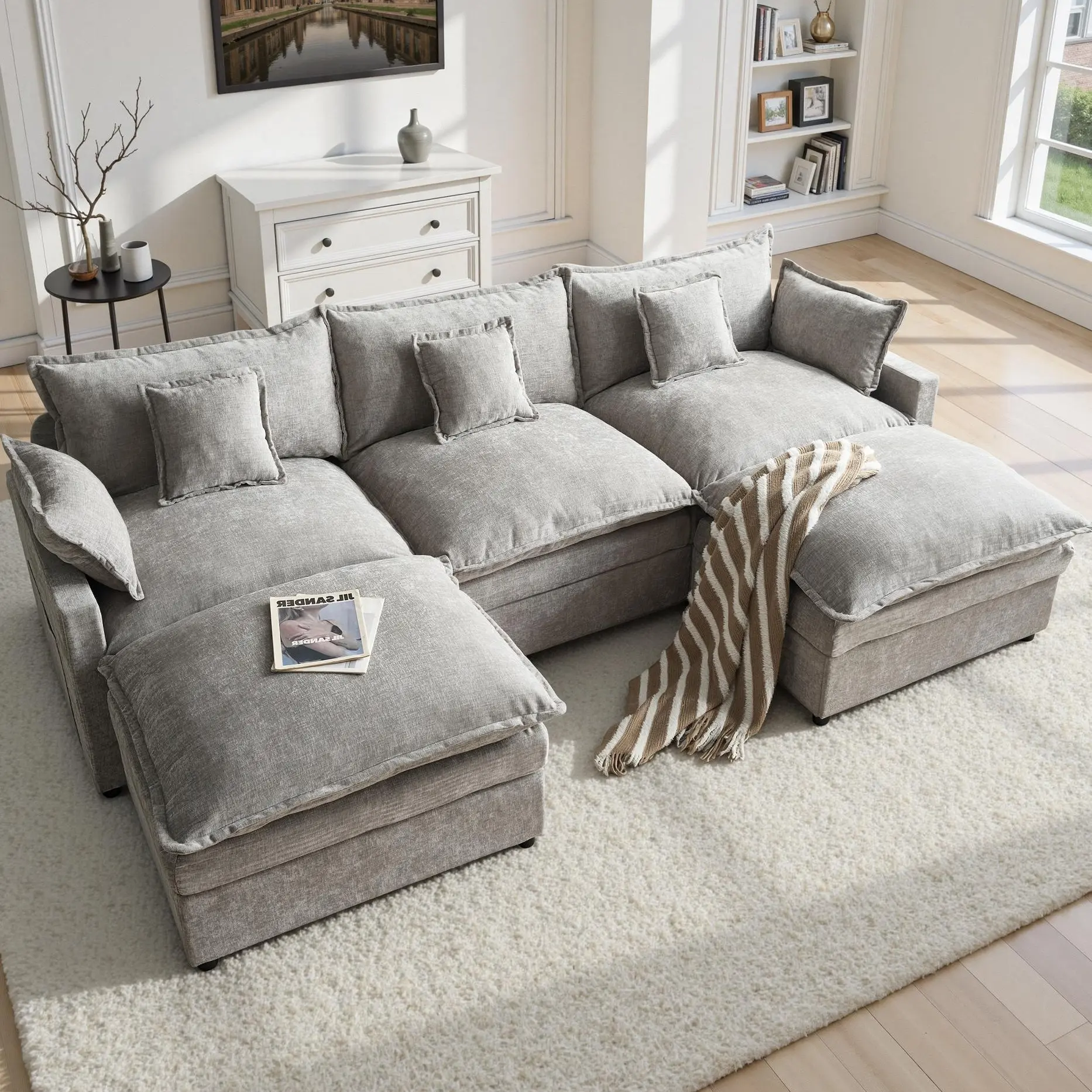 CAODOC Modular Sectional Sofa, U Shaped Cloud Couch with Movable Ottoman, Comfy Chenille Deep Seat Sofa with Throw Pillows, 3 Seat Modern Couches for Living Room Bedroom Apartment