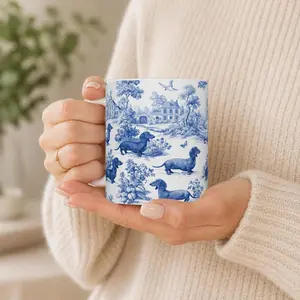 [Sale Up To 50%] Dachshund French Toile Mug - Elegant Toile Coffee Cup for Doxie Lovers, Sausage Dog Lover Gifts, Dog Tea Drinkware, 11oz & 15oz ceramic mug